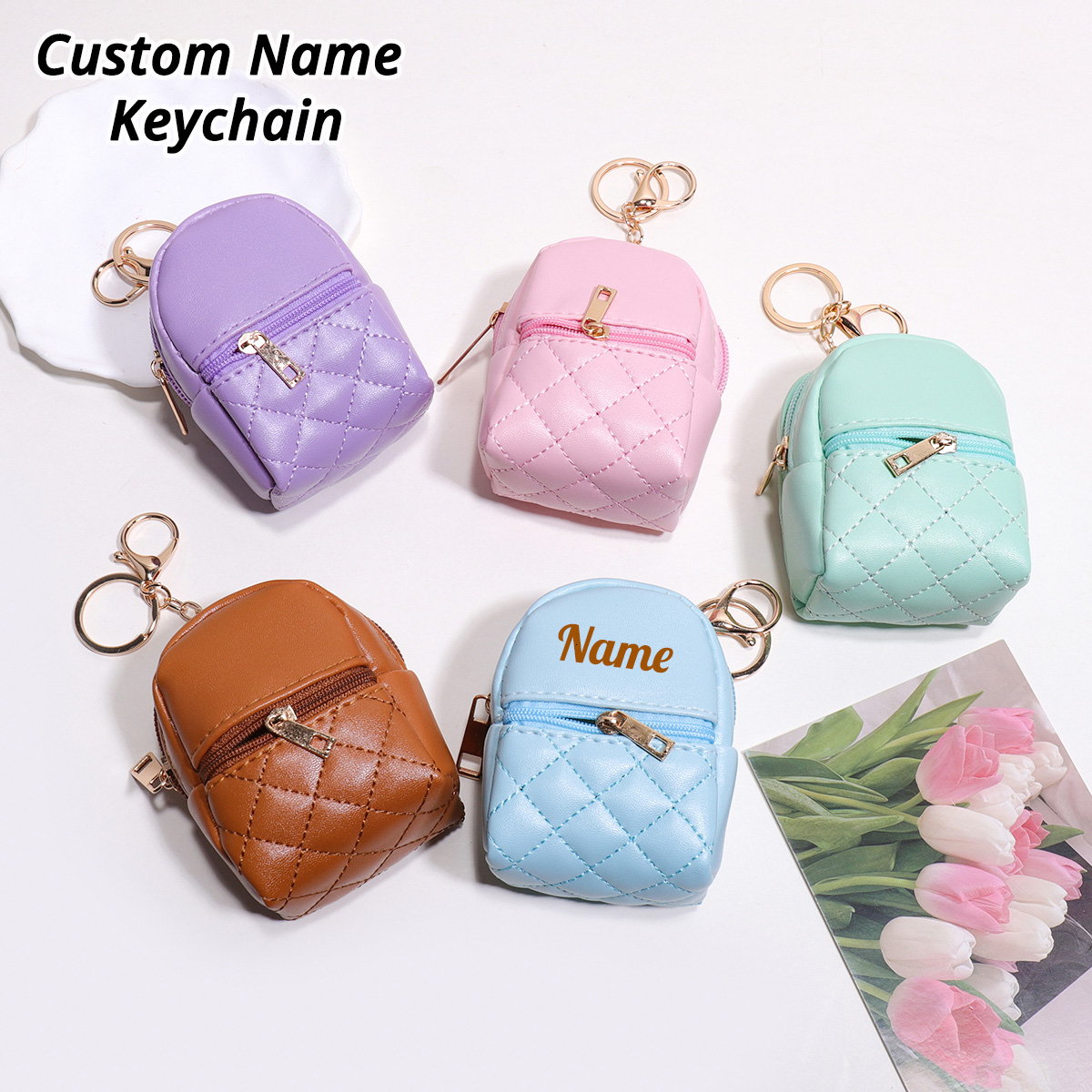 Leather Card Wallet - Mini porte-clés personnalisé avec nom, porte-monnaie,